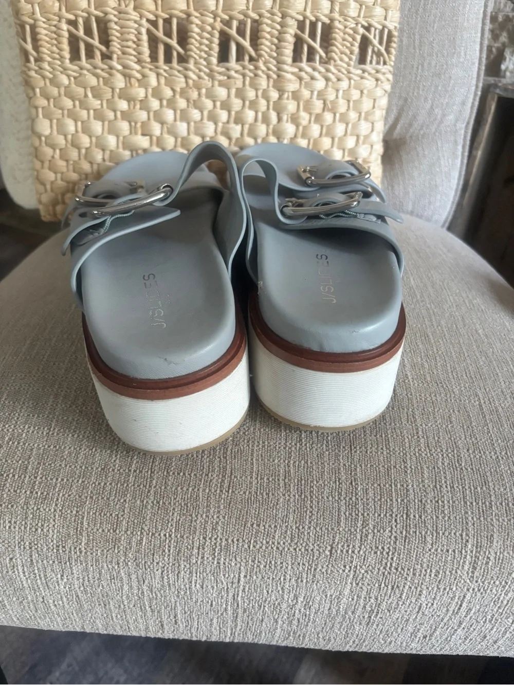 J Slides Light Gray Double-Buckle Platform Sandals with White Sole - Picture 5 of 8